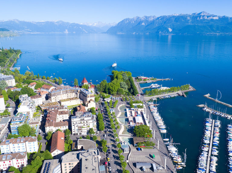 Vue panoramique de Lausanne-Ouchy, prises de vues exclusives pour Lausanne Tourisme avec dr&ocirc;ne, juin 2017