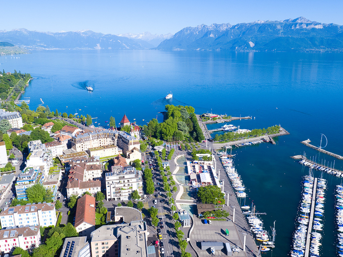 Vue panoramique de Lausanne-Ouchy, prises de vues exclusives pour Lausanne Tourisme avec dr&ocirc;ne, juin 2017
