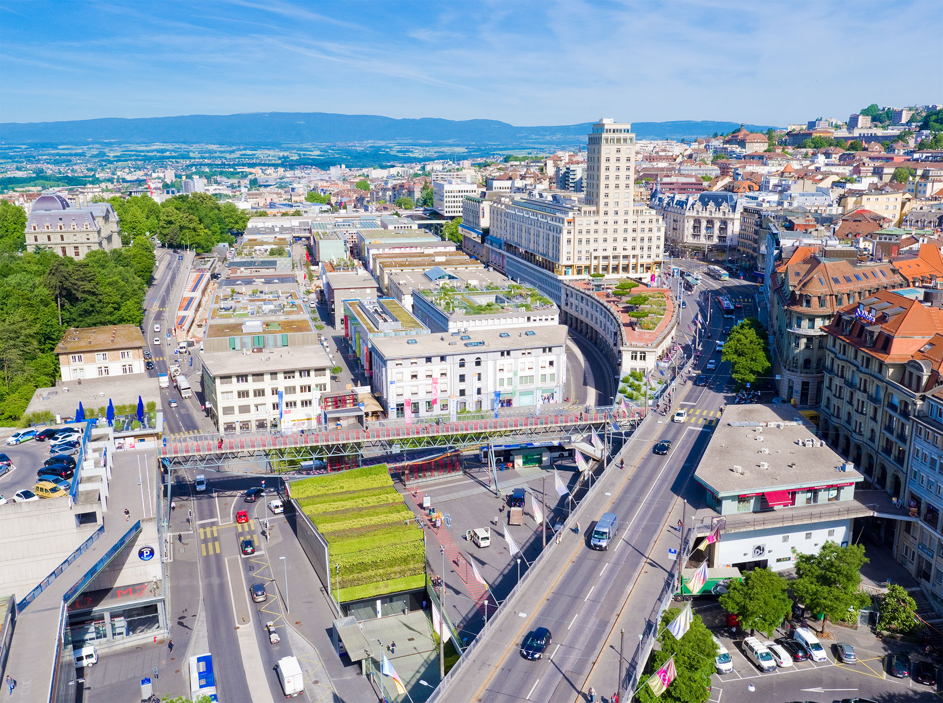 Vue panoramique de Lausanne Flon / Bel-Air, prises de vues exclusives pour Lausanne Tourisme avec dr&ocirc;ne, juin 2017
