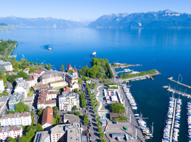 Vue panoramique de Lausanne-Ouchy, prises de vues exclusives pour Lausanne Tourisme avec dr&ocirc;ne, juin 2017